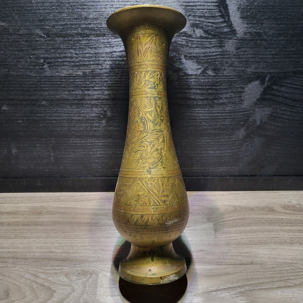 Brass Antique Vase Etched Vintage  Solid Indian India Made Engraved Design Vtg